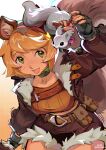  1girl absurdres animal_ears artist_name black_gloves blonde_hair breasts brown_jacket buck_teeth chest_strap choker commentary cow crop_top cropped_jacket english_commentary fingerless_gloves freckles fur-trimmed_jacket fur-trimmed_shorts fur_trim gloves green_choker green_eyes hairband highres jacket jetbytes kemonomimi_mode marvel marvel_rivals medium_breasts open_mouth orange_shirt pink_hairband shirt short_hair shorts smile squirrel squirrel_ears squirrel_girl squirrel_girl_(marvel) squirrel_tail swept_bangs tail teeth white_fur 