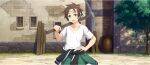  1boy black_jacket brown_hair building clothes_around_waist collarbone cowboy_shot day game_cg green_eyes green_jacket green_pants hand_on_own_hip headband highres holding holding_pickaxe jacket jacket_around_waist kono_subarashii_sekai_ni_shukufuku_wo! konosuba!_fantastic_days looking_at_viewer multicolored_jacket official_alternate_costume official_art open_mouth outdoors pants pickaxe satou_kazuma shirt short_hair short_sleeves solo standing sweatdrop tachi-e track_jacket track_pants two-tone_jacket white_headband white_shirt 