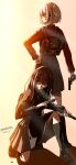  2girls absurdres alaska0812 arm_at_side artist_name backpack bag black_hair black_socks blonde_hair bob_cut brown_shoes commentary_request dated dress earpiece gradient_background gun hair_ribbon hand_on_own_hip handgun highres holding holding_gun holding_magazine_(weapon) holding_weapon inoue_takina kneehighs loafers long_hair long_sleeves looking_to_the_side lycoris_recoil lycoris_uniform magazine_(weapon) multicolored_dress multiple_girls neck_ribbon nishikigi_chisato on_one_knee parted_lips pleated_dress ribbon serious shadow shoes signature smile socks standing straight_hair turning_head v-shaped_eyebrows weapon 