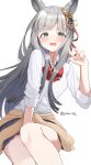  1girl animal_ears blue_eyes blush bow chrono_genesis_(umamusume) clothes_around_waist ear_ornament grey_hair highres horse_ears horse_girl jacket jacket_around_waist long_hair looking_at_viewer lryutanl open_mouth red_bow shirt sleeves_rolled_up solo sweatdrop umamusume w white_shirt yellow_jacket 