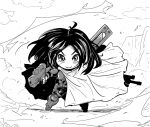  1girl alita battle_angel_alita black_hair bodysuit chibi cloak cyberpunk cyborg deformed facial_mark facing_viewer floating_cape fukkatsu_saisei_kaijin greyscale gun highres holding holding_gun holding_weapon joints long_hair looking_at_viewer metal_skin monochrome no_nose outdoors robot_joints science_fiction weapon white_background 
