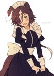  1girl absurdres alternate_costume animal_ears back_bow black_dress bow brown_hair collar cowboy_shot des_(desoowee) dress ears_down enmaided flying_sweatdrops frilled_collar frills highres horse_ears horse_girl horse_tail juliet_sleeves long_dress long_sleeves maid maid_headdress multicolored_hair puffy_sleeves short_hair sleeve_cuffs solo tail twitter_username two-tone_hair umamusume vodka_(umamusume) white_bow white_hair yellow_eyes 