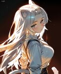  1girl absurdres animal_ears bangs_pinned_back black_pants breasts cat_ears cat_girl cat_tail collared_shirt grey_eyes grey_hair hepari highres large_breasts long_hair long_sleeves looking_at_viewer original pants parted_lips shirt sleeves_rolled_up solo suspenders tail twitter_username white_shirt 