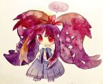  1girl commentary dated long_hair looking_at_viewer mawile mega_mawile mega_pokemon non_(kumakawayusu) painting_(medium) pokemon pokemon_(creature) red_eyes red_ribbon ribbon simple_background solo speech_bubble traditional_media twintails_day very_long_hair watercolor_(medium) white_background 