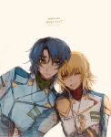  1boy 1girl :d athrun_zala bangs blonde_hair blue_hair blue_jacket cagalli_yula_athha copyright_name crossed_arms eyebrows_behind_hair eyebrows_visible_through_hair green_eyes gundam gundam_seed gundam_seed_destiny highres jacket leaning_to_the_side looking_to_the_side military military_uniform one_eye_closed she_(morianosu) short_hair sketch smile uniform white_jacket yellow_eyes 