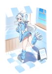  1girl :o absurdres animal_ears apron back_bow blue_bow blue_eyes blue_jacket blue_panties blue_shoes blush bow breasts commentary food frilled_jacket frills from_behind full_body hair_between_eyes hair_bow hair_ornament highres holding holding_tray ice_cream jacket jersey_maid jinggun large_bow large_breasts leg_up long_hair long_sleeves looking_at_viewer maid maid_apron maid_headdress multicolored_jacket multicolored_panties multicolored_shoes on_floor original panties shoes socks solo standing standing_on_one_leg thighs track_jacket tray two-tone_jacket two-tone_panties two-tone_shoes unconventional_maid underwear white_bow white_hair white_jacket white_panties white_shoes x_hair_ornament 