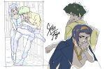  1boy 1girl breasts character_name collared_shirt cowboy_bebop cropped_vest faye_valentine furrowed_brow green_hair hairband head_on_hand highres jacket jacket_on_shoulders medium_breasts multiple_views purple_hair shirt short_hair sitting sleeves_rolled_up smoking sona_(mmediocreman) spike_spiegel vest watch white_background wristwatch yellow_hairband yellow_shirt yellow_vest 