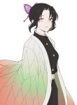  1girl 5ya_ngi bangs belt black_hair butterfly-shaped_pupils butterfly_hair_ornament closed_mouth cowboy_shot floating_hair from_side gradient hair_ornament haori highres japanese_clothes kimetsu_no_yaiba kochou_shinobu long_sleeves looking_at_viewer pants parted_bangs purple_eyes sidelocks simple_background smile solo symbol-shaped_pupils tied_hair uniform white_background 