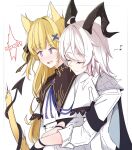  2girls animal_ears armband black_armband black_bow black_collar black_gloves black_horns black_jacket black_tail blonde_hair blush bow cat_ears cat_tail closed_eyes closed_mouth collar commentary_request curled_horns demon_tail gloves hair_bow hair_ornament hand_under_clothes highres horns hug hug_from_behind jacket jacket_on_shoulders kemonomimi_mode long_hair multicolored_hair multiple_girls musical_note no_headwear open_mouth phoebe_(wuthering_waves) purple_eyes shirt smile streaked_hair striped_bow sweatdrop tail tail_wrap white_background white_hair white_shirt wuthering_waves x_hair_ornament yuri zani_(wuthering_waves) zero_3b 