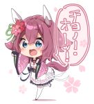  1girl animal_ears arm_up blue_eyes blush chibi fingerless_gloves gloves hair_between_eyes hair_ornament highres horse_ears horse_girl looking_at_viewer nut_megu open_mouth pink_hair sakura_chiyono_o_(umamusume) simple_background translation_request umamusume white_background 