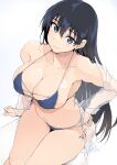  1girl arato_nagi bikini black_hair blue_bikini blue_eyes breasts cleavage closed_mouth commentary_request earrings hair_between_eyes hand_on_own_hip highres jewelry large_breasts long_hair looking_at_viewer open_clothes open_shirt ruri_no_houseki see-through_clothes see-through_shirt shirt simple_background sitting solo stud_earrings swimsuit very_long_hair zekkyon 