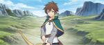  1boy arrow_(projectile) belt belt_buckle black_pants blue_eyes bow_(weapon) brown_belt brown_hair buckle cape closed_mouth cloud cloudy_sky cowboy_shot day game_cg green_cape green_eyes highres holding holding_arrow holding_bow_(weapon) holding_weapon horizon jitome kono_subarashii_sekai_ni_shukufuku_wo! konosuba!_fantastic_days landscape long_sleeves looking_at_viewer mountainous_horizon official_art outdoors pants satou_kazuma shirt short_hair sky smile solo standing tachi-e v-shaped_eyebrows weapon white_shirt wispy_bangs 