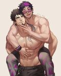  2boys abs artist_name bara biceps black_hair bracelet commission couple facial_hair fang glasses green_eyes highres hug jewelry jouvru male_focus multiple_boys muscular muscular_male navel nipples one_eye_closed original pants pectoral_cleavage pectorals ponytail purple_eyes purple_hair smile spiked_hair stubble thick_arms topless topless_male veins yaoi 