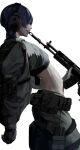  1boy alternate_costume arm_at_side assault_rifle black_gloves black_hair blunt_ends chest_harness contemporary daewoo_k2 ear_protection earmuffs facing_to_the_side from_side genshin_impact gloves green_pants grey_jacket grey_undershirt gun gun_to_mouth hair_over_eyes harness highres holding holding_gun holding_weapon holster jacket k9mi magazine_(weapon) male_focus midriff military_jacket military_uniform open_mouth pale_skin pants rifle scaramouche_(genshin_impact) solo teeth thigh_holster tongue upper_teeth_only waist_bag weapon white_background white_gloves 