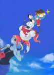  1boy 1girl 1other =_= arms_up black_tank_top blue_skin blue_sky brown_hair cape closed_eyes cloud colored_skin day dutch_angle eyepatch fins frisk_(undertale) gloves grin head_fins highres human_tower lifting_person long_hair open_mouth outdoors papyrus_(undertale) ponyta red_cape red_gloves red_hair short_hair signature sitting_on_shoulder sky smile sparkle stacking tank_top threetree twitter_username undertale undyne 