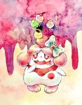  blue_bow bow cherry colored_pencil_(medium) fangs food fruit full_body no_humans non_(kumakawayusu) open_mouth painting_(medium) poke_puff pokemon pokemon_(creature) red_eyes slurpuff solo sparkle standing tongue tongue_out traditional_media watercolor_(medium) 