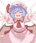  1girl absurdres ascot back_bow bat_wings blue_hair blush bow brooch closed_eyes collared_shirt commentary_request fang frilled_shirt_collar frills hair_between_eyes hat hat_ribbon haya_s2 highres incoming_hug jewelry mob_cap open_hands open_mouth outstretched_arms outstretched_hand pink_hat pink_shirt pink_skirt puffy_short_sleeves puffy_sleeves reaching reaching_towards_viewer red_ascot red_bow red_ribbon remilia_scarlet ribbon shirt short_hair short_sleeves skirt skirt_set smile solo touhou wings 