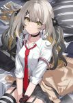  1girl breasts collared_shirt fate/grand_order fate_(series) flower gradient_hair grey_hair grey_skirt hair_flower hair_ornament highres long_hair looking_at_viewer marie_antoinette_(fate) marie_antoinette_alter_(fate) medium_breasts multicolored_hair necktie neko_daruma off_shoulder pseudo-tokyo_school_uniform school_uniform shirt sidelocks sitting skirt sleeves_rolled_up suspender_skirt suspenders thighs white_hair white_shirt yellow_eyes 