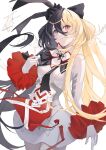  1girl absurdres arcaea black_bow black_bowtie black_eyes black_hair blonde_hair bow bowtie breasts flower glass_shards hair_between_eyes heterochromia highres long_hair maya_(arcaea) medium_breasts mgr_palelight multicolored_bow multicolored_hair red_eyes red_ribbon ribbon shirt sidelocks sleeve_cuffs solo two-tone_hair upper_body very_long_hair white_background white_bow white_flower white_petals white_shirt white_sleeves 