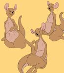 absurd_res animate_inanimate black_eyes black_nose brown_body daishu_mianbao disney eyelashes feet female hi_res humanoid kanga kangaroo living_plushie looking_at_viewer macropod mammal marsupial mouth_closed pink_inner pink_inner_ear pink_underbelly plushie pose pouch_(anatomy) simple_background sitting solo stitch_(sewing) tail toes winnie_the_pooh_(franchise) yellow_background