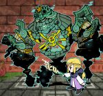  1girl aqua_outline aura blonde_hair brick_floor brick_wall cloak commentary_request from_side fujitwo highres holding holding_staff hood hood_down hooded_cloak long_hair long_sleeves mineru_(zelda) open_mouth outline pointy_ears princess_zelda robot staff standing the_legend_of_zelda the_legend_of_zelda:_echoes_of_wisdom the_legend_of_zelda:_tears_of_the_kingdom tiara v-shaped_eyebrows vase 