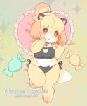  3_toes 4_fingers accessory animal_crossing anthro bell bell_collar blush bra breasts candy canid canine canis cat_lingerie cat_panties cleavage_cutout clothed clothing collar dessert digital_media_(artwork) domestic_dog english_text fake_cat_ears fake_ears feet female fingers food frilly_bra fur hair hair_accessory isabelle_(animal_crossing) keyhole_bra keyhole_clothing keyhole_underwear lingerie mammal nintendo open_mouth panties pawpads pillow shih_tzu simple_background solo text toes topwear toy_dog underwear underwear_only video_games yellow_body yellow_fur yokikana_yk 