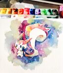  alternate_color animal_focus art_tools_in_frame blue_eyes blue_ribbon full_body no_humans non_(kumakawayusu) open_mouth pachirisu painting_(medium) photo_(medium) pokemon pokemon_(creature) ribbon shiny_pokemon solo traditional_media watercolor_(medium) 