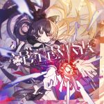  1girl arcaea black_bow black_bowtie black_eyes black_hair blonde_hair bow bowtie breasts flower hair_between_eyes heterochromia long_hair maya_(arcaea) medium_breasts multicolored_bow multicolored_hair non-web_source oguchi red_eyes red_ribbon ribbon shirt sidelocks sleeve_cuffs solo two-tone_hair upper_body very_long_hair white_background white_bow white_flower white_petals white_shirt white_sleeves 