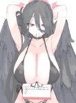  1girl absurdres armpits arms_behind_head arms_up bikini black_bikini black_choker black_hair black_wings blue_archive breasts choker collarbone commentary_request front-tie_bikini_top front-tie_top hair_between_eyes hair_bun hair_tie hair_tie_in_mouth halo hasumi_(blue_archive) hasumi_(swimsuit)_(blue_archive) highres huge_breasts long_hair long_hair_between_eyes looking_at_viewer marshmallow_(site) mocamocaink mouth_hold official_alternate_costume red_eyes request_inset side-tie_bikini_bottom simple_background single_side_bun solo string_bikini swimsuit translation_request very_long_hair white_background wings 