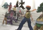  2girls 3boys aaron_(pokemon) backpack bag belt bertha_(pokemon) black_dress black_hair black_pants black_vest bronzong brown_pants brown_scarf coat cynthia_(pokemon) denim drapion dress feet_out_of_frame flint_(pokemon) garchomp green_hair grey_hair hand_on_own_hip hat hippowdon holding holding_poke_ball ichiba_youichi infernape jeans long_hair lucas_(pokemon) lucian_(pokemon) multiple_boys multiple_girls pants poke_ball pokemon pokemon_bdsp red_hair red_hat red_pants red_scarf red_suit scarf shirt short_hair short_sleeves stairs stone_pillar stone_stairs suit torterra tree vest watch white_coat white_shirt yellow_bag yellow_shirt 
