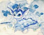  :3 animal_focus blue_theme bright_pupils ice ice_cube no_humans non_(kumakawayusu) painting_(medium) pokemon pokemon_(creature) seigaiha solo traditional_media vaporeon watercolor_(medium) white_pupils 