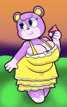  absurd_res animal_crossing anthro big_breasts breasts cleavage clothed clothing crumbs cupcake dress eating female food fur hi_res mammal megan_(animal_crossing) multicolored_body multicolored_fur nintendo slightly_chubby solo someth1ngoranother two_tone_body two_tone_fur ursid video_games 