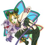  1girl bare_arms bezi blonde_hair bun_with_braided_base butterfly_tattoo green_eyes green_hair green_lips green_nails hair_bun jojo_no_kimyou_na_bouken kujo_jolyne looking_at_viewer midriff multicolored_hair patterned posing stand_(jojo) star_(symbol) stone_free stone_ocean sunglasses tattoo two-tone_hair 