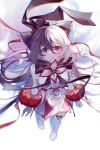  1girl absurdres arcaea black_bow black_bowtie black_eyes black_hair blonde_hair boots bow bowtie breasts flower from_above gloved_sleeves hair_between_eyes heterochromia highres long_hair maya_(arcaea) medium_breasts multicolored_bow multicolored_hair red_eyes red_ribbon rfsky ribbon shirt sidelocks sleeve_cuffs solo surprised thigh_boots thighhighs two-tone_hair upper_body very_long_hair white_background white_bow white_flower white_petals white_shirt white_sleeves white_thighhighs 
