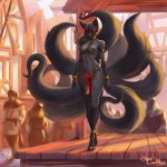anthro ball_gag bdsm big_tail black_body black_fur blindfold bondage bound breasts caddea canid canine chain clothing collar cuff_(restraint) curvy_figure female fox fox_spirit fur gag genitals gold_(metal) gold_chain gold_collar gold_jewelry gold_shackles group harem_girl harem_jewelry harem_outfit hi_res jewelry mammal metal_collar multi_tail nipple_chain nipple_piercing nipples piercing restraints rozalina_dmitriyevna sex_slave shackled_ankles shackled_wrists shackles slave solo solo_focus tail translucent translucent_clothing vulva