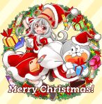  1boy 1girl absurdres adjusting_clothes adjusting_headwear boots bow box christmas_present diagonal-striped_background food fur-trimmed_boots fur_trim gift gift_box grey_hair hat hat_bow highres holding holding_gift holding_sack kawanobe long_hair mascot merry_christmas one_eye_closed open_mouth red_eyes sack santa_costume santa_hat striped_background umaemon umaibou umami-chan very_long_hair yaokin yellow_background 