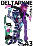  1boy 1girl 1other ^_^ animal_ears black_hat black_jacket blue_hair blue_hat blue_jacket blue_shoes blue_skin closed_eyes colored_skin copyright_name deltarune elbow_gloves fedora full_body furry furry_female furry_male glasses gloves goat_ears green-framed_eyewear green_gloves green_shirt grin hat heart highres jacket kris_(deltarune) long_hair looking_at_viewer mamesuke_77 necktie open_mouth outstretched_arms pants pink_skin pixel_heart posing purple_hair purple_pants ralsei red_necktie round_eyewear shaded_face shirt shoes short_hair simple_background smile standing striped_clothes striped_jacket striped_pants striped_suit suit susie_(deltarune) suspenders white_background 