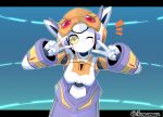 1girl arms_up artist_name blue_background blush breasts colored_sclera colored_skin commentary_request commission double_v gem head_tilt headgear humanoid_robot ikanomaru joints leaning_forward letterboxed light_blush looking_at_viewer medium_breasts multicolored_skin navi_(ultra_kaijuu) no_mouth notice_lines official_alternate_color one_eye_closed orange_eyes orange_skin outline outside_border red_gemstone robot robot_girl robot_joints signature skeb_commission solo twitter_username two-tone_skin ultra_kaijuu_battle_breeders ultra_series upper_body v white_outline white_skin yellow_sclera 