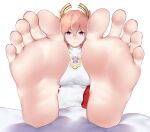  1girl animal_ears bangs bare_legs barefoot bed bed_sheet closed_mouth earrings feet fox_ears genshin_impact japanese_clothes jewelry legs looking_at_viewer miko pink_hair purple_eyes simple_background smile soles solo toes wd_(1106592840) white_background yae_miko 