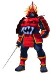  1boy absurdres arm_at_side armor bengus bishamon_(darkstalkers) black_skin clenched_teeth colored_skin darkstalkers dou full_body game_cg helmet highres holding holding_sword holding_weapon japanese_armor kabuto_(helmet) katana kusazuri male_focus non-web_source official_art outstretched_hand red_armor red_eyes samurai sharp_teeth shoulder_armor simple_background sode solo sword teeth vampire_savior:_the_lord_of_vampire waraji weapon white_background 