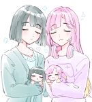  2girls :/ :3 :o anyoji_hime black_hair blonde_hair blue_shirt blunt_bangs blunt_ends blunt_sidelocks blush blush_stickers bob_cut cardigan closed_eyes closed_mouth collarbone doll facing_viewer flower_symbol game_controller_print gradient_hair green_cardigan headphones headphones_around_neck heart highres holding holding_doll link!_like!_love_live! long_sleeves love_live! momose_ginko multicolored_hair multiple_girls nesoberi official_alternate_costume open_cardigan open_clothes parted_lips pink_hair print_shirt purple_shirt shirt short_hair sidelocks simple_background sleepwear sleeves_past_wrists smile squeans virtual_youtuber white_background zangemiya 