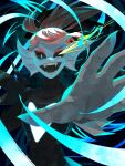  1girl armor black_sclera blue_skin breastplate colored_sclera colored_skin eye_trail fangs fins foreshortening head_fins highres light_trail long_hair looking_at_viewer open_mouth outstretched_arm outstretched_hand pauldrons red_hair shoulder_armor signature slit_pupils solo threetree twitter_username undertale undyne undyne_the_undying upper_body 