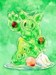  cherry diamond_mouth food fruit green_background licking_lips no_humans non_(kumakawayusu) painting_(medium) pokemon pokemon_(creature) reuniclus solid_oval_eyes solo solosis tongue tongue_out traditional_media watercolor_(medium) whipped_cream 