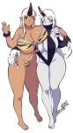  2girls animal_print bikini black_slingshot_swimsuit blonde_hair blush breast_on_breast breasts claws clip_studio_paint_(medium) colored_skin commentary crossover dark-skinned_female dark_skin english_commentary full_body grey_skin horns huge_breasts kantai_collection lilirulu long_hair looking_at_viewer monster_musume_no_iru_nichijou multiple_girls one_eye_closed open_mouth orange_eyes pointy_ears print_bikini red_eyes red_horns seaport_princess simple_background single_horn slingshot_swimsuit smile spiked_wristband standing swimsuit tiger_print tionishia transparent_background white_hair 