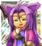  1boy animal_ears artist_name blurry blurry_background border circlet colored_skin commentary depth_of_field dragon_quest dragon_quest_x earrings foster_(dq10) gem gold_circlet green_eyes green_gemstone highres instrument jacket jewelry long_hair looking_down male_focus moyapippi open_mouth parted_bangs pink_jacket pink_scarf purple_hair purple_tunic scarf solo sphere_earrings tunic white_border yellow_skin 