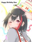 2girls bang_dream! birthday_sash black_hair blush commentary_request confetti grey_jacket haneoka_school_uniform happy_birthday highres jacket mitake_ran multiple_girls nanami_(nunnun_0410) one_eye_closed open_mouth purple_eyes school_uniform short_hair solo_focus teeth upper_body upper_teeth_only 