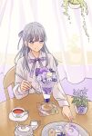  1girl chair closed_mouth collared_shirt commentary_request cookie cream cup curtains donut flower food glass grey_hair hair_ribbon hanging_plant highres holding holding_spoon light_blush light_smile long_hair long_sleeves looking_at_food matsumine_(twin-mix) nail_polish neck_ribbon on_chair original parfait pastry purple_eyes purple_flower purple_nails purple_ribbon ribbon shirt sitting slice_of_life solo split_mouth spoon straight_hair table tea teacup wing_collar 