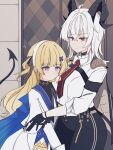  2girls ahoge armband black_armband black_bow black_choker black_collar black_horns black_jacket black_pants black_tail blonde_hair blue_sash bow chest_harness choker closed_mouth collar collared_shirt commentary_request curled_horns demon_tail hair_between_eyes hair_bow hairband harness highres horns jacket jacket_on_shoulders long_hair long_sleeves looking_at_viewer multicolored_hair multiple_girls necktie pants phoebe_(wuthering_waves) purple_eyes red_eyes red_necktie sash shirt streaked_hair striped_bow tail white_hair white_hairband white_shirt wuthering_waves zani_(wuthering_waves) zero_3b 