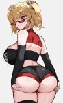  1girl ;p ass back black_shorts black_tube_top blonde_hair breasts burnice_white closed_mouth detached_sleeves grabbing_own_ass grey_background highres large_breasts looking_at_viewer looking_back one_eye_closed red_eyes short_shorts short_twintails shorts shoulder_blades simple_background smile solo standing strapless sunglasses tongue tongue_out tube_top twintails zenless_zone_zero zeropen 