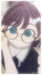  1girl adjusting_eyewear alt_text azabu_mai black-framed_eyewear black_hair black_shirt blue_eyes border commentary_request cowboy_shot endo_rina glasses grin hair_ornament hairclip ikizulive!_love_live!_bluebird indoors looking_at_viewer love_live! meidosan mirror_image photo-referenced shirt short_hair smile solo twitter_username voice_actor_connection white_border 